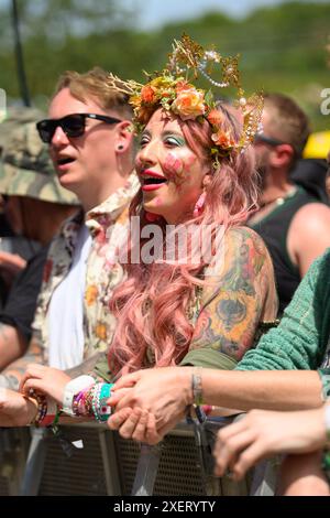 London, UK. 29 June 2024. Atmosphere on the second day of the Glastonbury Festival, at Worthy Farm in Somerset. Photo credit should read: Matt Crossick/Empics/Alamy Live News Stock Photo