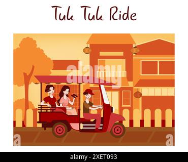 Tuk tuk driver. Tourist couple having a ride in town. Local tricycle rickshaw. Travel and tourism experience. Flat vector illustration Stock Vector