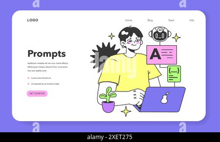 Young male prompt-engineer writing a prompt to a artificial neuron network web banner or landing page. Artificial intelligence development. Character using AI. Flat vector illustration Stock Vector