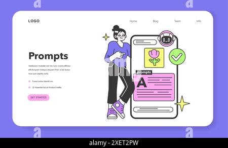 Young female prompt-engineer writing a prompt to a artificial neuron network web banner or landing page. Artificial intelligence development. Character using AI. Flat vector illustration Stock Vector