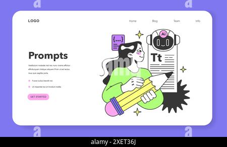 Young female prompt-engineer writing a prompt to a artificial neuron network web banner or landing page. Artificial intelligence development. Character using AI. Flat vector illustration Stock Vector