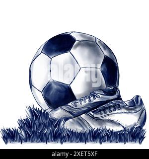 Large soccer ball on the grass. Football field and a pair of children's boots. Monochrome watercolor illustration. Stock Photo