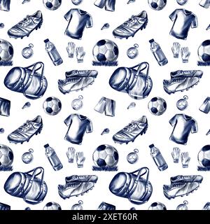 Pattern of football and soccer accessories. Watercolor illustration in blue tones. print on textiles and paper. Stock Photo