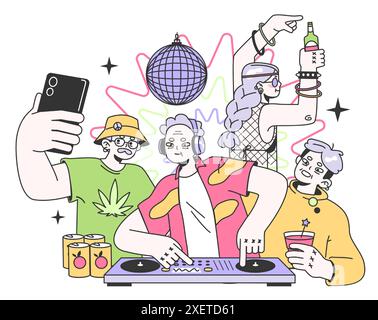 Mature characters dancing and drinking alcohol at festival campsite. Senior woman and man having a party, listening to dj's music. Flat vector illustration Stock Vector
