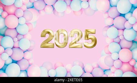 Holiday background Happy New Year 2025. Numbers of year 2025 made by gold candles on balloons background, punchy pink and mint pastel colored celebrat Stock Photo