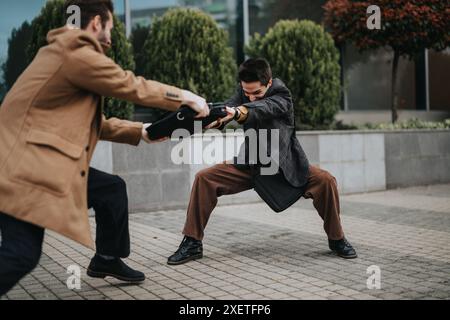 Two businessmen in a tug of war over a briefcase outdoors in the city Stock Photo