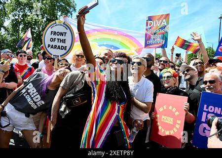 London, UK. 29th June, 2024. Pride in London . Sadiq Khan, Mayor of London, Dawn Butler MP take a selfie. The annual Pride Parade took place in central London celebrating diversity and inclusivity, with a march from Hyde Park Corner to Whitehall with LGBTQ + groups taking part joined by some 30,000 participants. Credit: michael melia/Alamy Live News Stock Photo