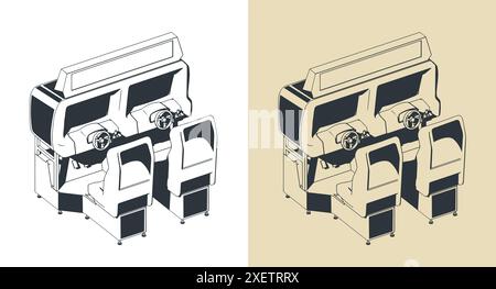 Stylized vector illustrations of a retro arcade games cabinet in ...