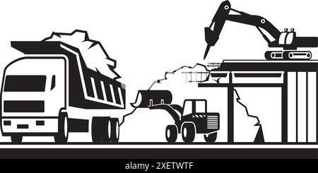 Demolition of concrete bridge with construction machinery – vector illustration Stock Vector