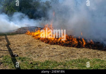 A close up view of dancing flames and thick smoke as a farmer burns off old hay and straw to allow for new growth in a Missouri pasture. Stock Photo