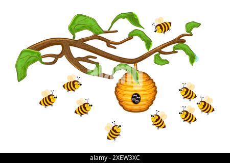Beehive hanging on tree branch on white background. Swarm of wild bees and hive. Cute honey bees and their yellow house in forest. Vector illustration Stock Vector