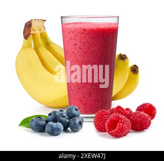 glass of red Love Berry raspberry, blueberry and banana smoothie isolated on white background Stock Photo