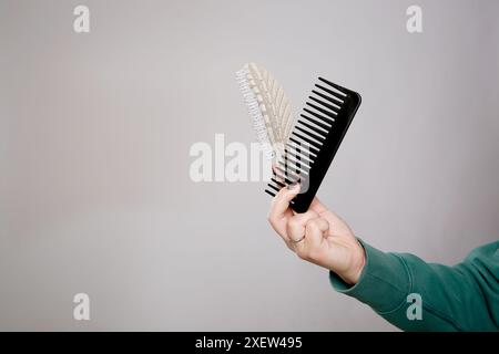 Female hand holding a brush and a comb. Choosing concept for healthy hair Stock Photo