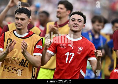 Berlin, Germany. 29th June, 2024. BERLIN, GERMANY - JUNE 29: Fabian Rieder and Ruben Vargas of Switzerland celebrate winning the match between Switzerland and Italy on Round of 16 - UEFA EURO 2024 at Olympiastadion on June 28, 2024 in Berlin, Germany. Photo by Sebastian Frej Credit: Sebo47/Alamy Live News Credit: Sebo47/Alamy Live News Stock Photo