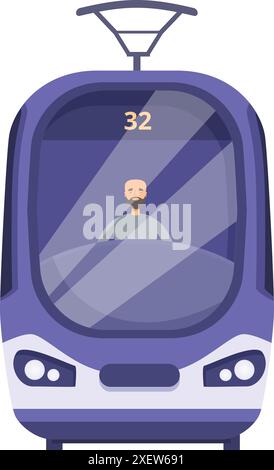 Male tram driver sitting in drivers seat looking out of front window driving public transportation route number 32 Stock Vector