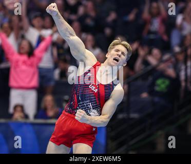 June 29, 2024: Shane Wiskus gets fired up following a routine at the ...