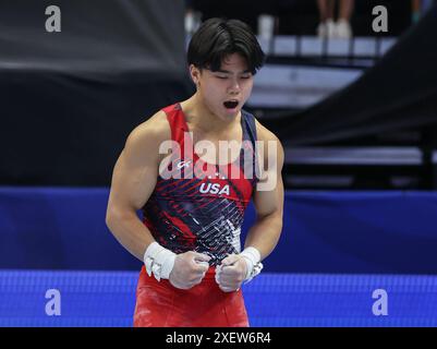 June 29, 2024: Asher Hong flies over the high bar during the 2024