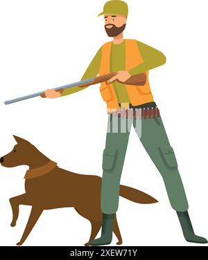 Hunter wearing orange vest holding shotgun aiming with hunting dog Stock Vector