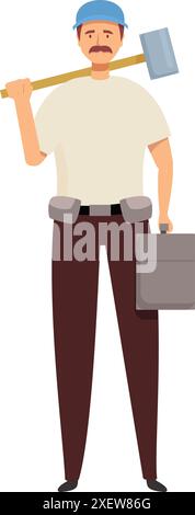 Construction worker is holding a sledgehammer and a tool box Stock Vector