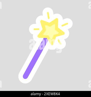 Sticker of magic wand with sparkling star on top, cartoon style vector illustration for kids Stock Vector