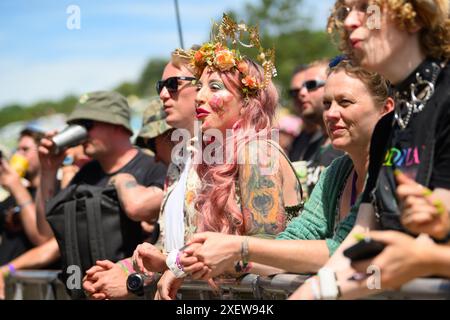 London, UK. 29 June 2024. Atmosphere on the second day of the Glastonbury Festival, at Worthy Farm in Somerset. Photo credit should read: Matt Crossick/Empics/Alamy Live News Stock Photo