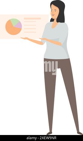 Businesswoman is standing and presenting data analysis using a pie chart illustration Stock Vector
