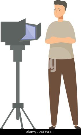 Confident videographer is standing with his arms crossed in front of a professional video camera mounted on a tripod Stock Vector