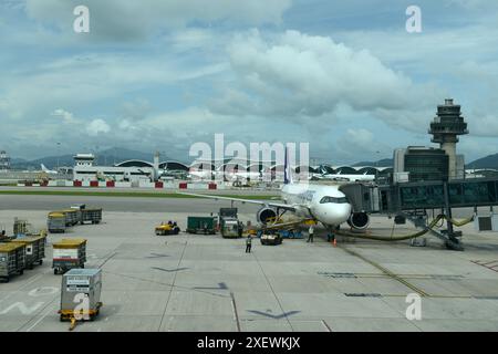 HK express airplane on the tarmac at HKIA, Hong Kong. Stock Photo