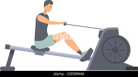 Sportsman is working out on a rowing machine, pulling the handle and engaging his muscles Stock Vector
