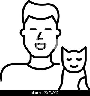 Smiling young man and cat. Happy pet owner. Pixel perfect vector icon Stock Vector