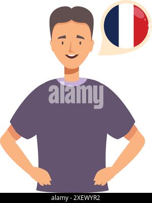 Young man is speaking french, represented by a speech bubble with the french flag Stock Vector