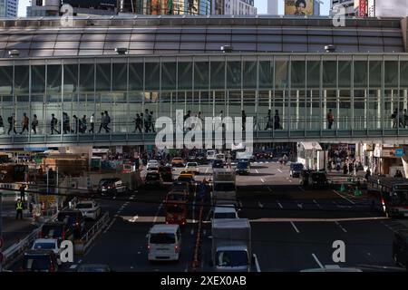 Tokyo, May 4 2024: city view of shibuya.  modern pedestrian bridge connecting the Hikarie tower and the Scramble Square tower in Shibuya Stock Photo