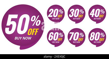 Different percent discount sticker discount price tag set. Purple round speech bubble shape promote buy now with sell off up to 20, 30, 40, 50, 60, 70 Stock Vector