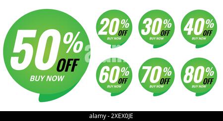 Different percent discount sticker discount price tag set. Green round speech bubble shape promote buy now with sell off up to 20, 30, 40, 50, 60, 70 Stock Vector