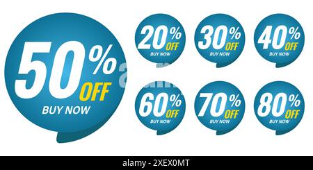 Different percent discount sticker discount price tag set. Turquoise speech bubble shape promote buy now with sell off up to 20, 30, 40, 50, 60, 70 Stock Vector