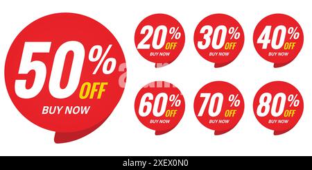 Different percent discount sticker discount price tag set. Red round speech bubble shape promote buy now with sell off up to 20, 30, 40, 50, 60, 70 Stock Vector