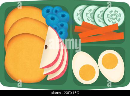 Lunch box illustration, healthy food, fruits and vegetables, eggs, pancakes, bento Stock Photo