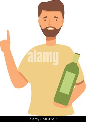 Bearded man is holding a wine bottle and pointing his finger up Stock Vector