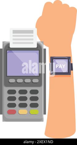 Hand approaching nfc pos terminal for contactless payment using smartwatch Stock Vector