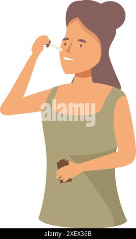 Young woman is carefully applying essential oil to her face, embracing a natural approach to skincare Stock Vector