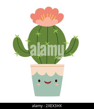 A cute succulent in a pot is smiling.Funny desert plantcharacters with face.Funny desert plants characters with faces. Stock Vector