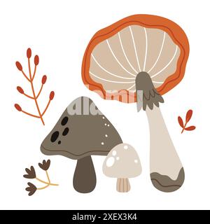 Mushrooms set. Autumn forest plants. Fall season food, raw healthy natural fungi, stalks and caps of different types. Stock Vector