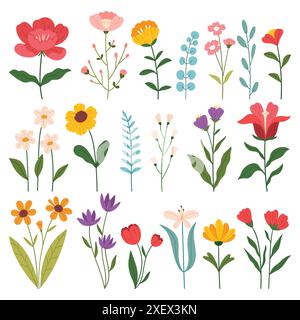 Collection of floral and botanical elements vector. Set of leaf, foliage wildflowers, plants, bloom, leaves and herb. Hand drawn of blossom spring sea Stock Vector