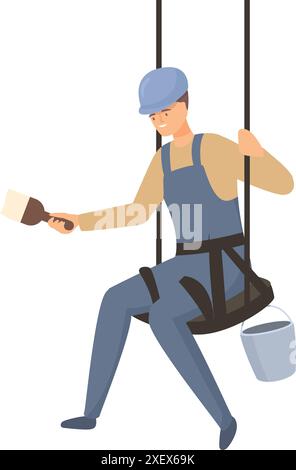 Smiling industrial climber painter in uniform is sitting on a swing stage and holding a paintbrush Stock Vector