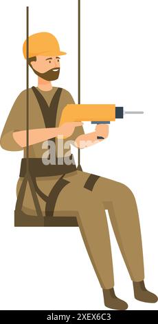 Construction worker with safety harness using drill hanging on ropes at height Stock Vector