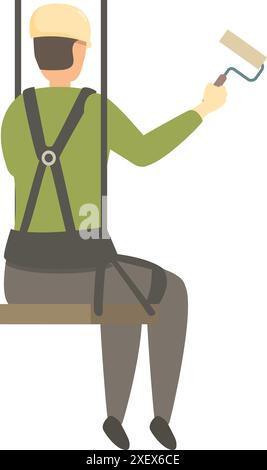 Industrial climber is painting a wall using a roller brush while wearing a safety harness Stock Vector
