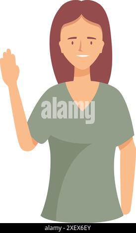 Friendly medical professional with brown hair wearing green scrubs waving her hand Stock Vector