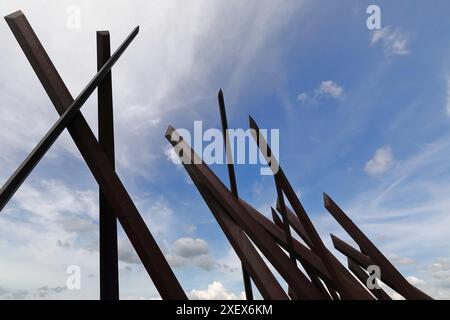 445 Set of 23 machetes surrounding Independence War hero Antonio Maceo on his rearing horse, monument in the Plaza Revolution Square. Santiago-Cuba. Stock Photo