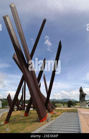 446 Set of 23 machetes surrounding Independence War hero Antonio Maceo on his rearing horse, monument in the Plaza Revolution Square. Santiago-Cuba. Stock Photo