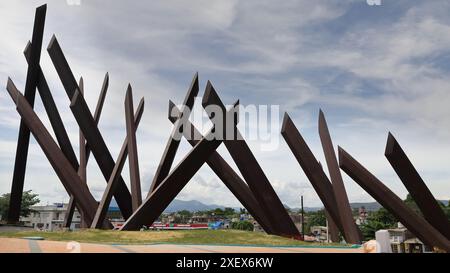 448 Set of 23 machetes surrounding Independence War hero Antonio Maceo on his rearing horse, monument in the Plaza Revolution Square. Santiago-Cuba. Stock Photo